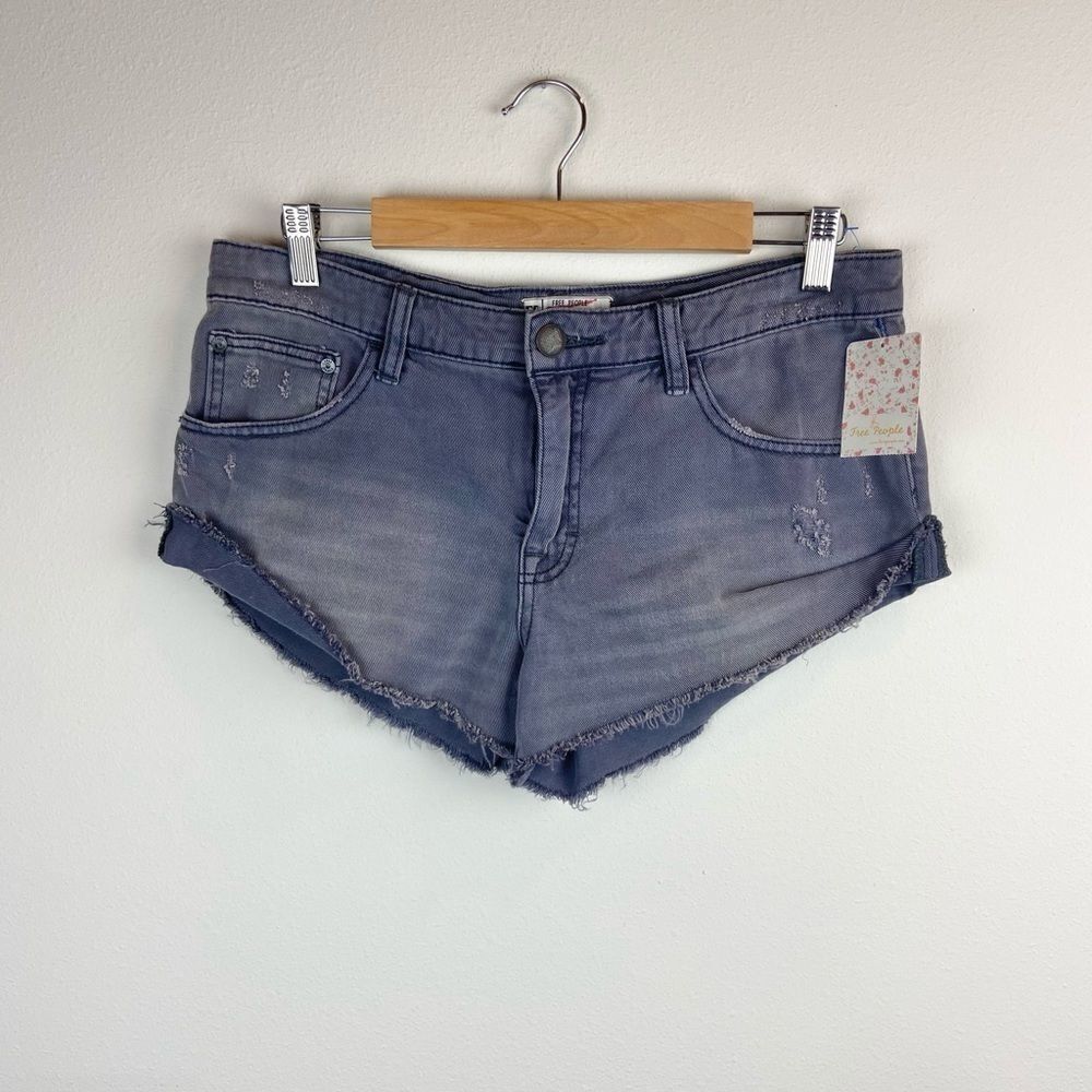 Free People Washed Gray Frayed Hem High Waist Denim Shorts
